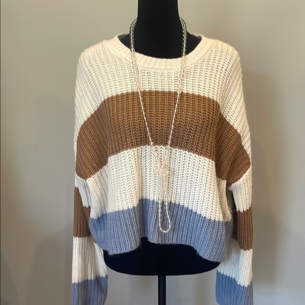 Striped Knit Sweater - White, Brown, Blue oversized fit by moon & Madison
